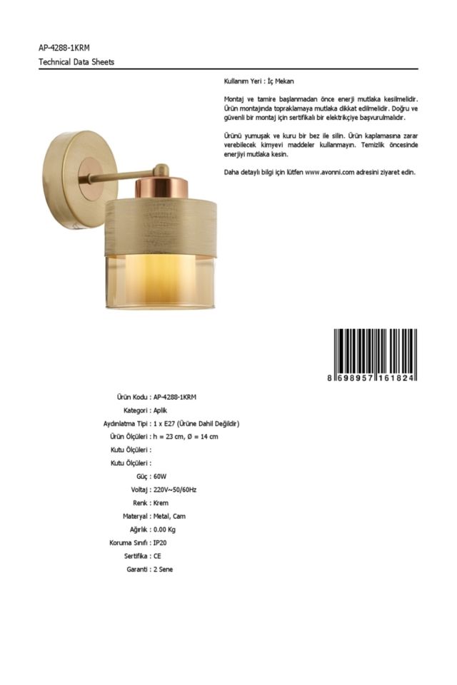 Cabin Aplik E27 12W 14x19cm Metal Krem Avonni-AP-4288-1KRM