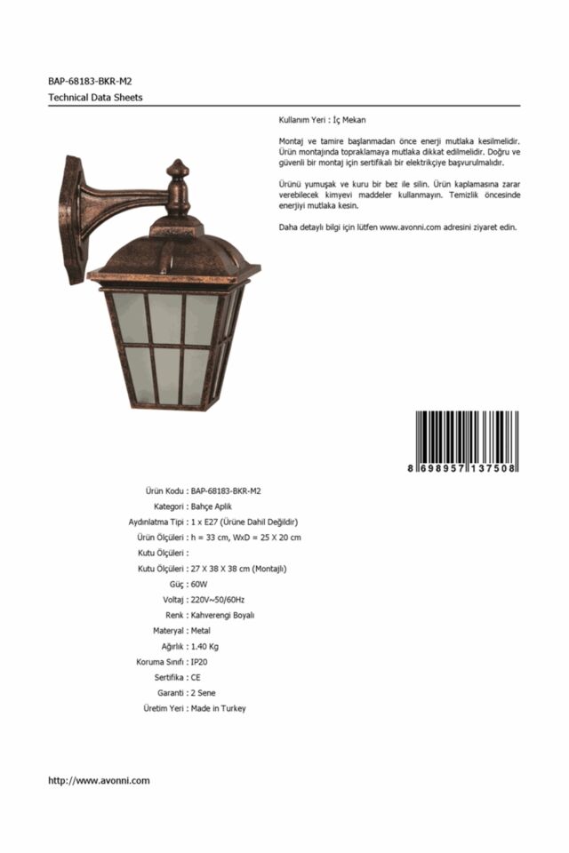 Bahçe Aplik E27 12W 25x20cm ABS Kahverengi Dorbien-BAP-68183-BKR-M2
