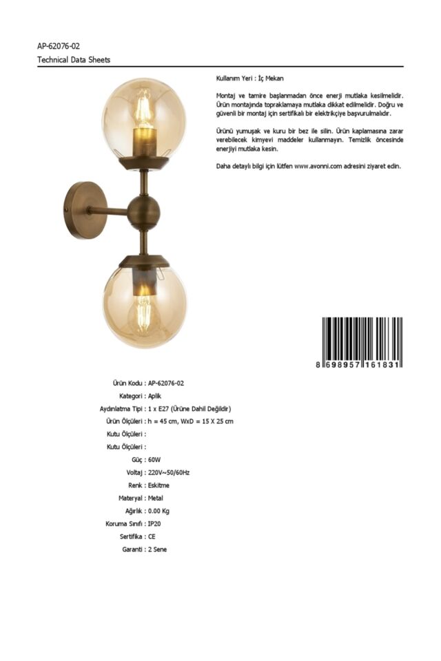 Ping Pong Aplik E27 24W 15x25cm Metal Eskitme Avonni-AP-62076-02