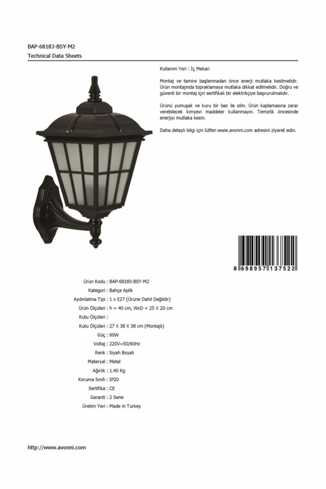 Bahçe Aplik E27 12W 25x20cm ABS Siyah Dorbien-BAP-68183-BSY-M2