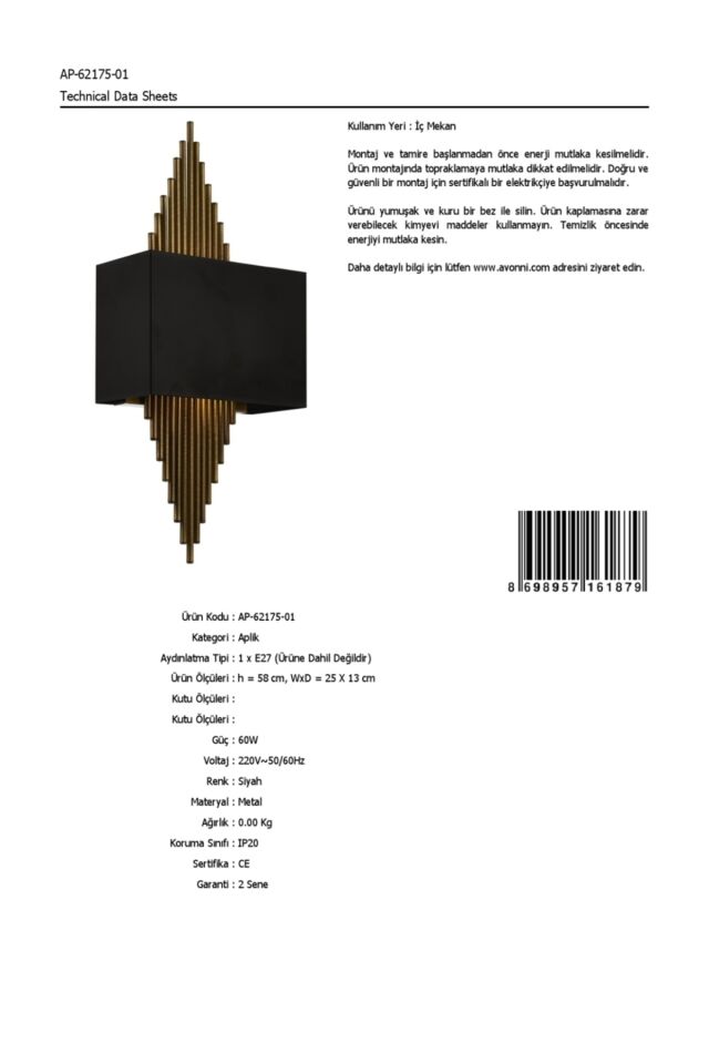 Kavalcı Aplik E14 6W 25x13cm Metal Siyah Avonni-AP-62175-01