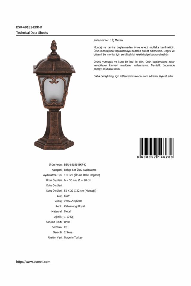 Bahçe Set Üstü Aydınlatma E27 12W 20cm ABS Kahverengi Dorbien-BSU-68181-BKR-K