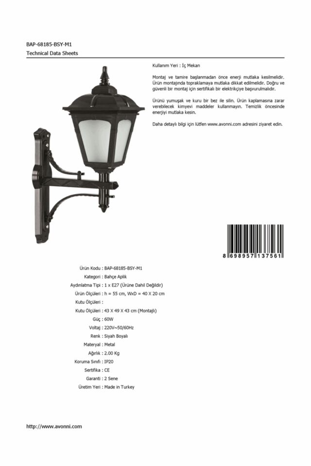 Bahçe Aplik E27 12W 40x20cm ABS Siyah Dorbien-BAP-68185-BSY-M1