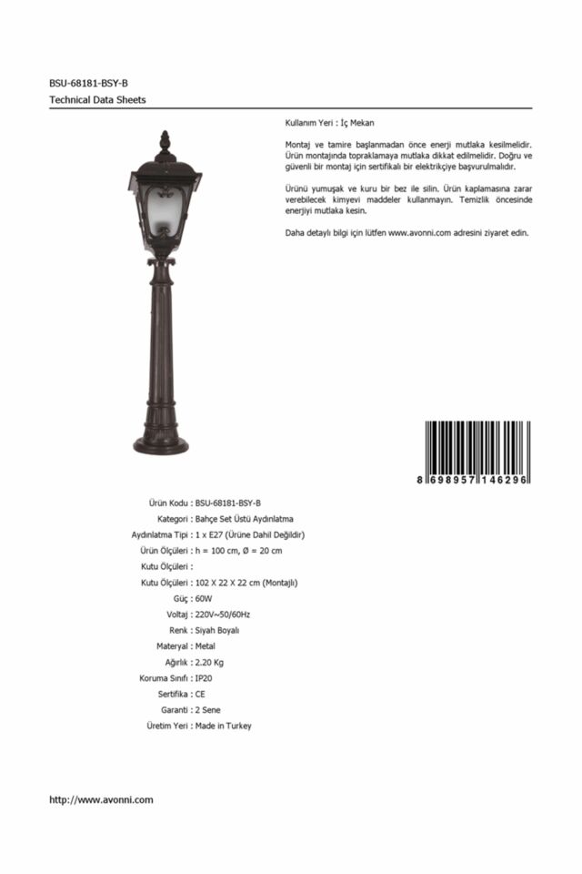 Bahçe Set Üstü Aydınlatma E27 12W 20cm Çelik Boru Siyah Dorbien-BSU-68181-BSY-B