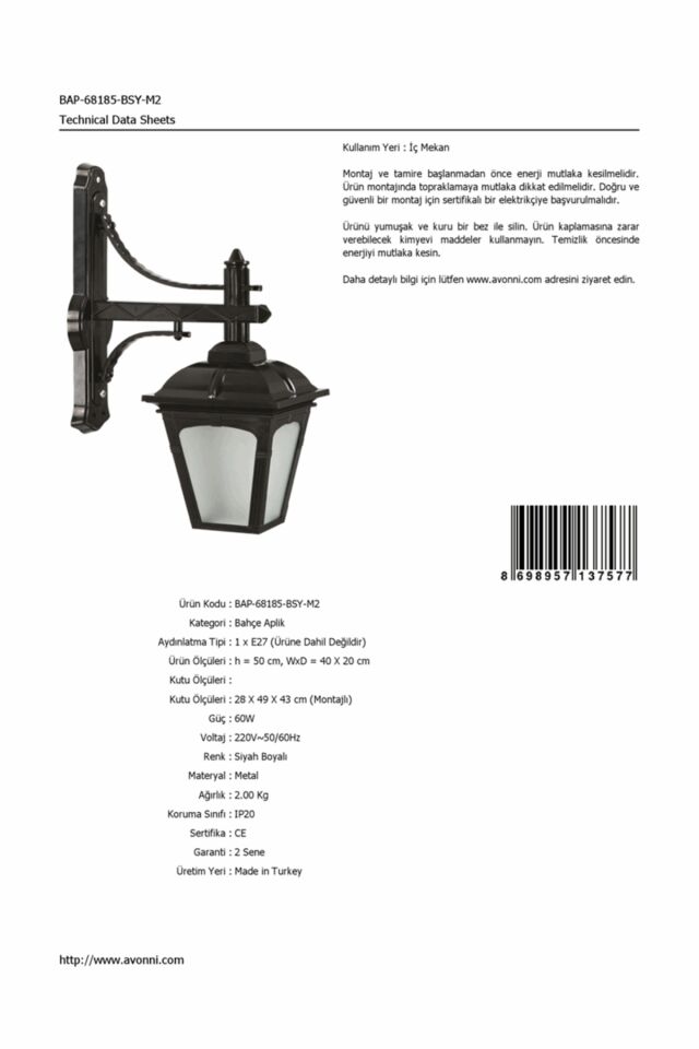 Bahçe Aplik E27 12W 40x20cm ABS Siyah Dorbien-BAP-68185-BSY-M2
