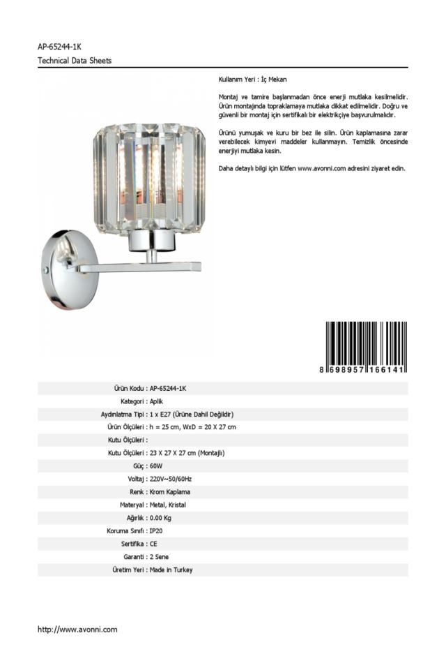 Aralık Aplik E27 12W 20x27cm Metal Krom Dorbien-AP-65244-1K