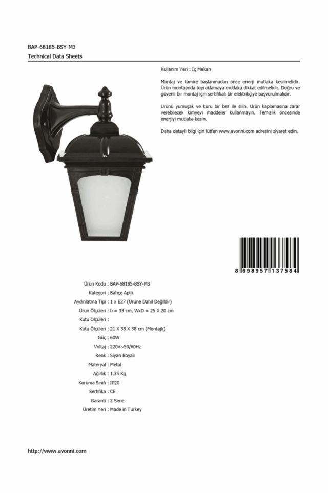 Bahçe Aplik E27 12W 25x20cm ABS Siyah Dorbien-BAP-68185-BSY-M3