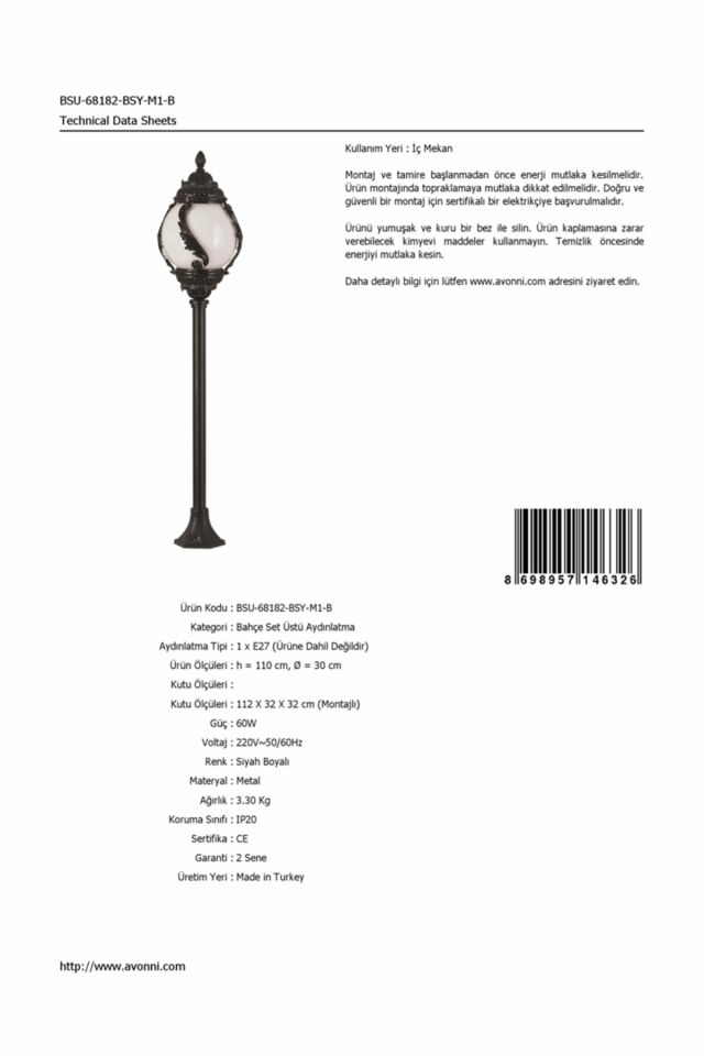Bahçe Set Üstü Aydınlatma E27 12W 30cm ABS Siyah Dorbien-BSU-68182-BSY-M1-B