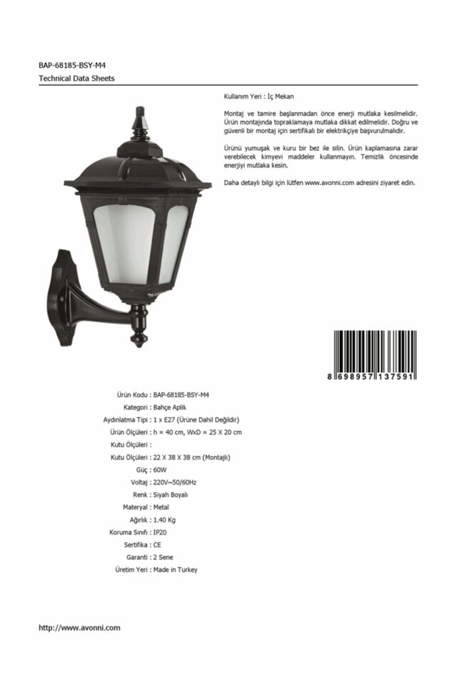 Bahçe Aplik E27 12W 25x20cm ABS Siyah Dorbien-BAP-68185-BSY-M4