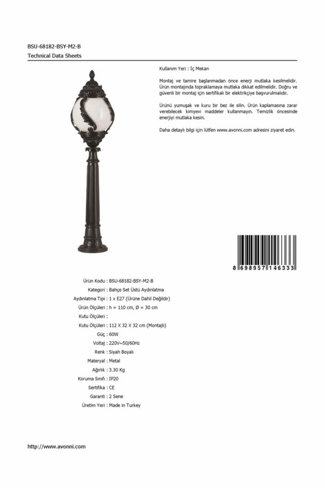 Bahçe Set Üstü Aydınlatma E27 12W 30cm ABS Siyah Dorbien-BSU-68182-BSY-M2-B