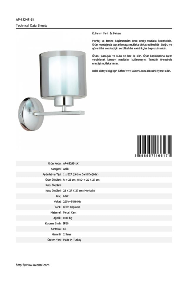 Oval Aplik E27 12W 20x27cm Metal Krom Dorbien-AP-65245-1K