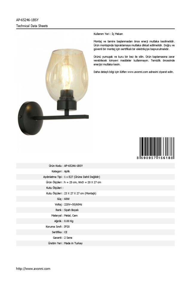 Amber Aplik E27 12W 20x27cm Metal Siyah Dorbien-AP-65246-1BSY