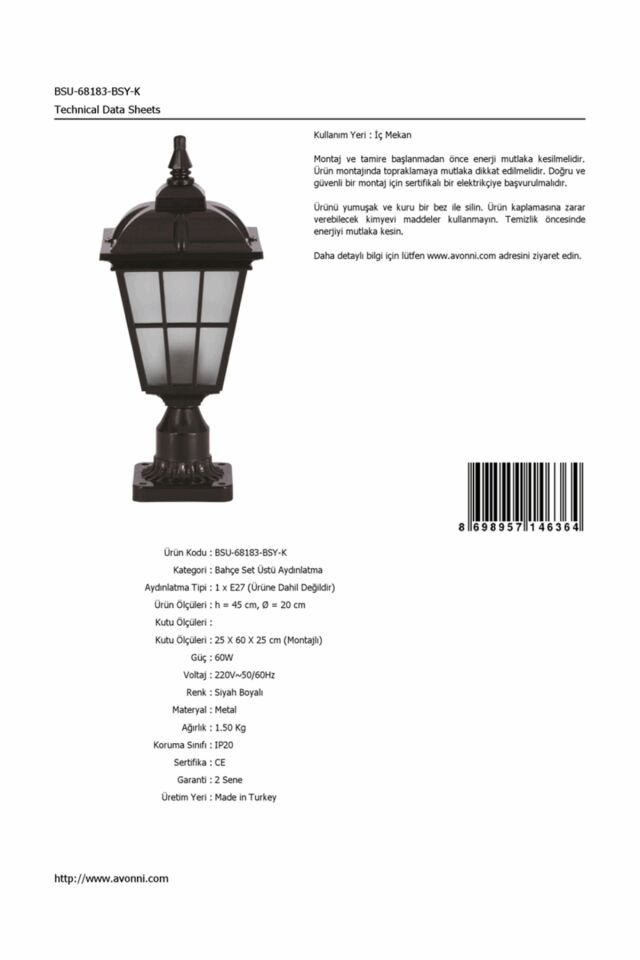 Bahçe Set Üstü Aydınlatma E27 12W 20cm ABS Siyah Dorbien-BSU-68183-BSY-K