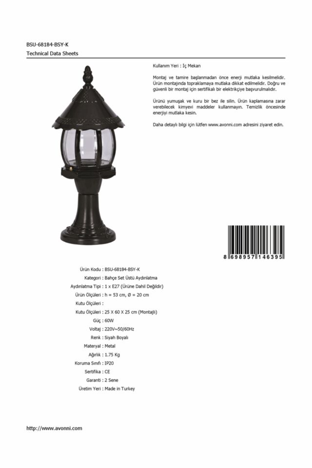 Bahçe Set Üstü Aydınlatma E27 12W 20cm ABS Siyah Dorbien-BSU-68184-BSY-K