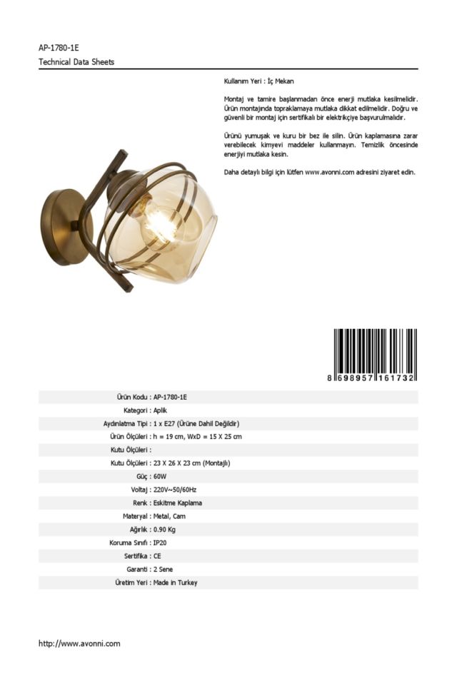 Eliz Aplik E27 12W 15x25cm Metal Eskitme Avonni-AP-1780-1E