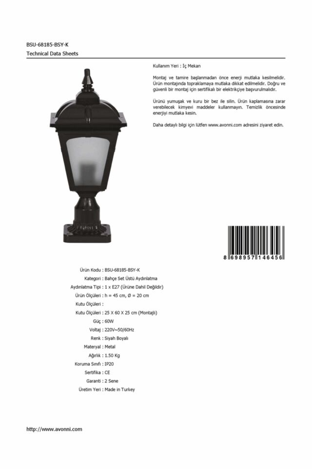 Bahçe Set Üstü Aydınlatma E27 12W 20cm ABS Siyah Dorbien-BSU-68185-BSY-K