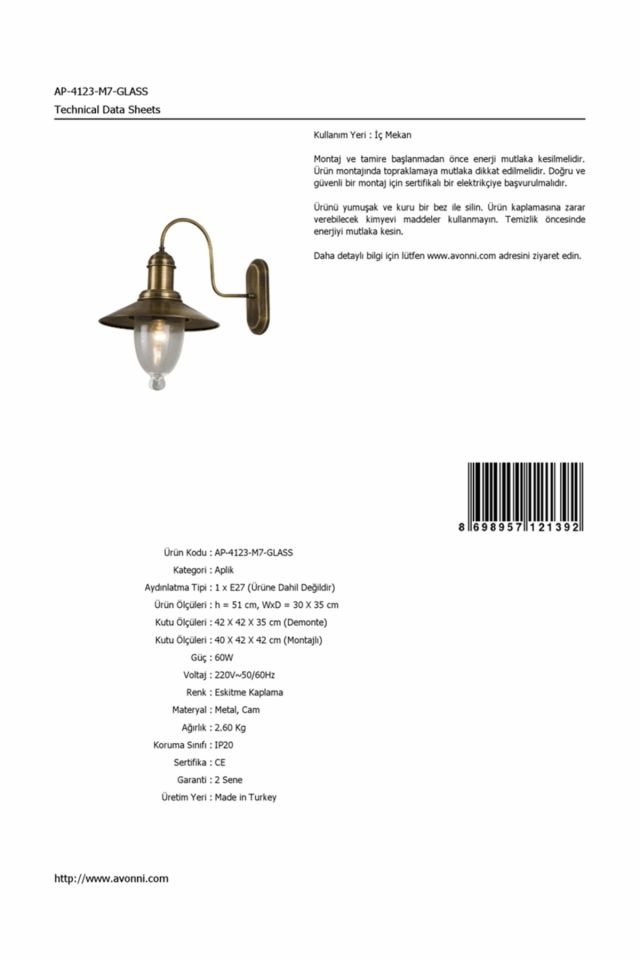 Gardenya Aplik E27 12W 30x35cm Metal Eskitme Avonni-AP-4123-M7-GLASS