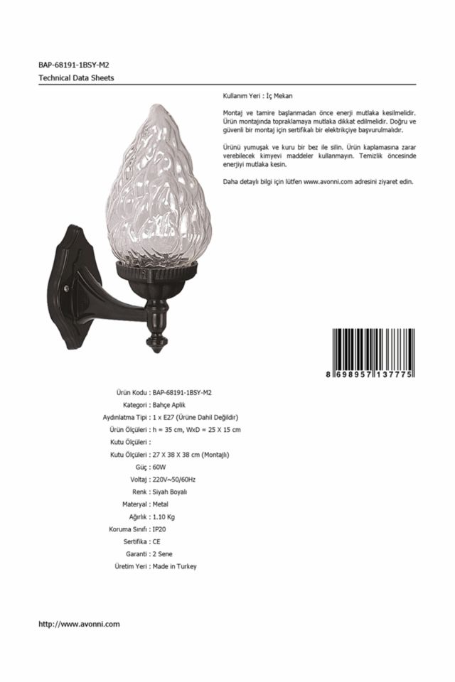 Bahçe Aplik E27 12W 25x15cm ABS Siyah Dorbien-BAP-68191-1BSY-M2