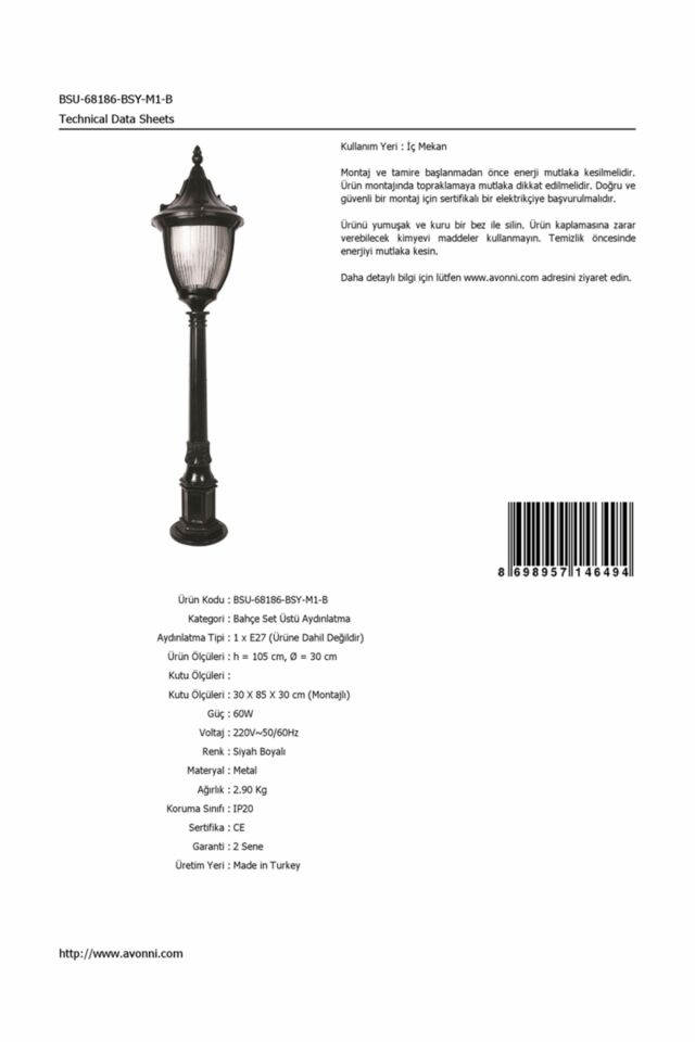 Bahçe Set Üstü Aydınlatma E27 12W 30cm ABS Siyah Dorbien-BSU-68186-BSY-M1-B