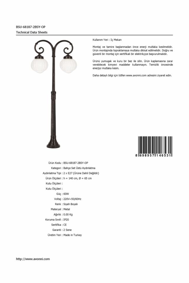 Bahçe Set Üstü Aydınlatma E27 24W 65cm Alüminyum Siyah Dorbien-BSU-68187-2BSY-OP