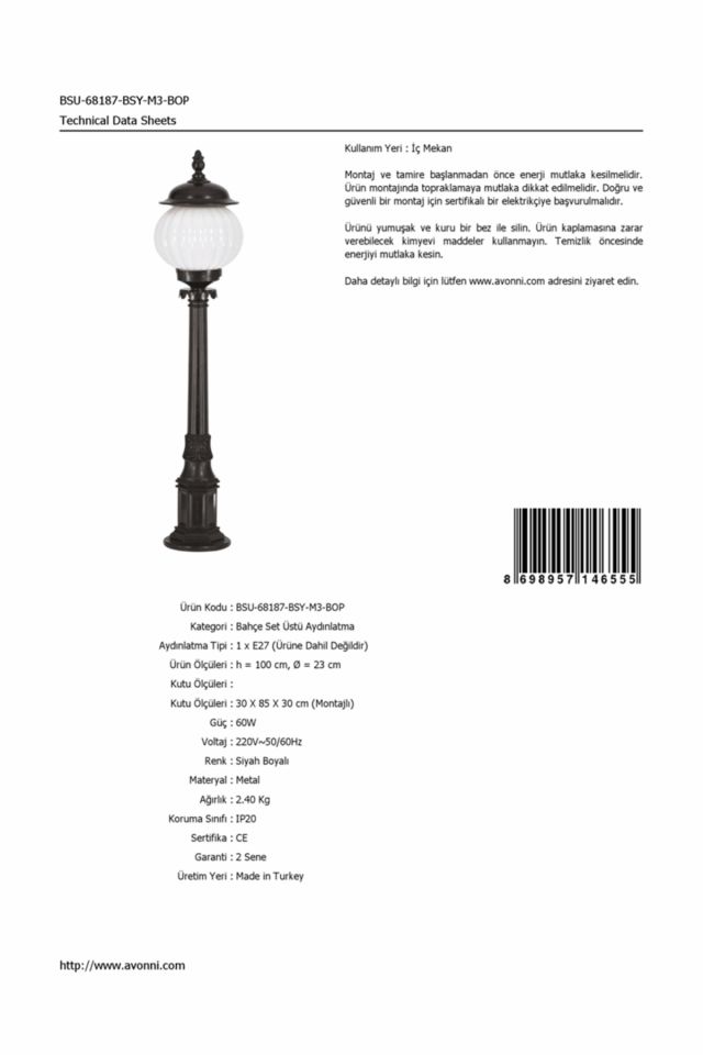 Bahçe Set Üstü Aydınlatma E27 12W 23cm ABS Siyah Dorbien-BSU-68187-BSY-M3-BOP