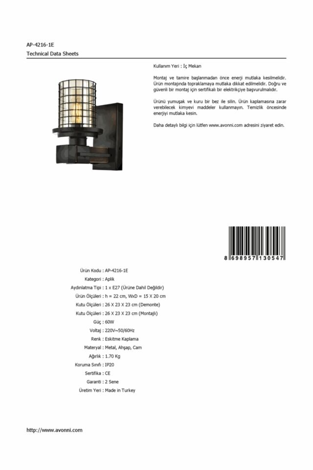 Sığınak Aplik E27 12W 15x20cm Metal Eskitme Avonni-AP-4216-1E