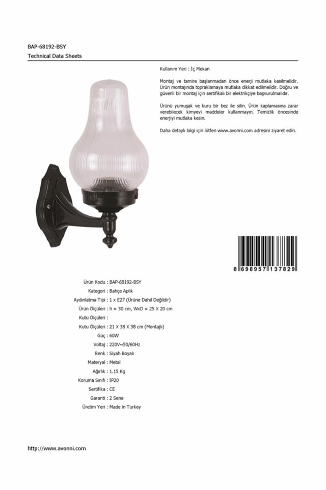 Bahçe Aplik E27 12W 25x20cm ABS Siyah Dorbien-BAP-68192-BSY