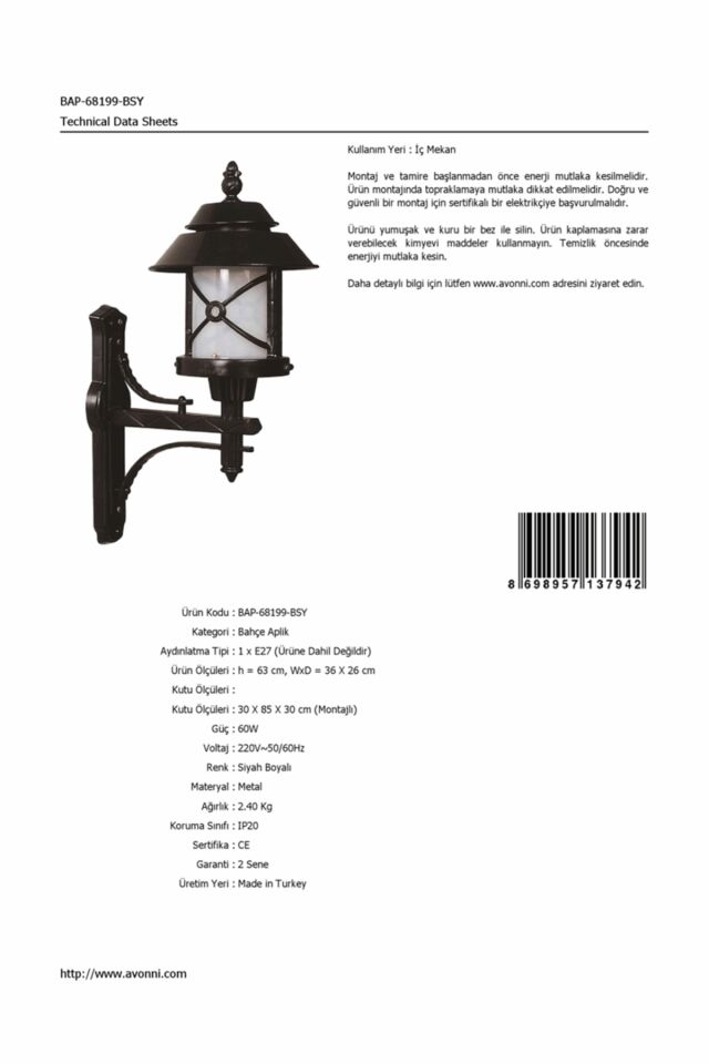 Bahçe Aplik E27 12W 36x26cm ABS Siyah Dorbien-BAP-68199-BSY