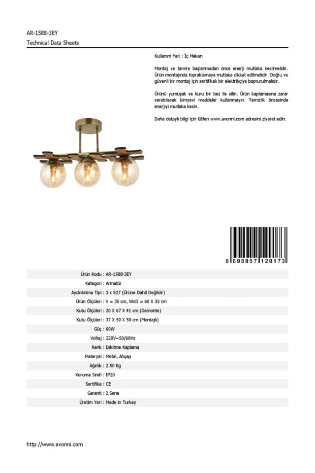 Tosya Modern Avize E27 36W 60x35cm Metal Eskitme Avonni-AR-1588-3EY