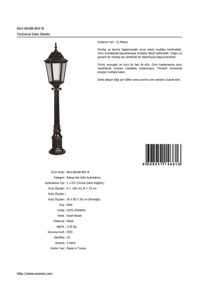 Bahçe Set Üstü Aydınlatma E27 12W 23cm Çelik Boru Siyah Dorbien-BSU-68188-BSY-B