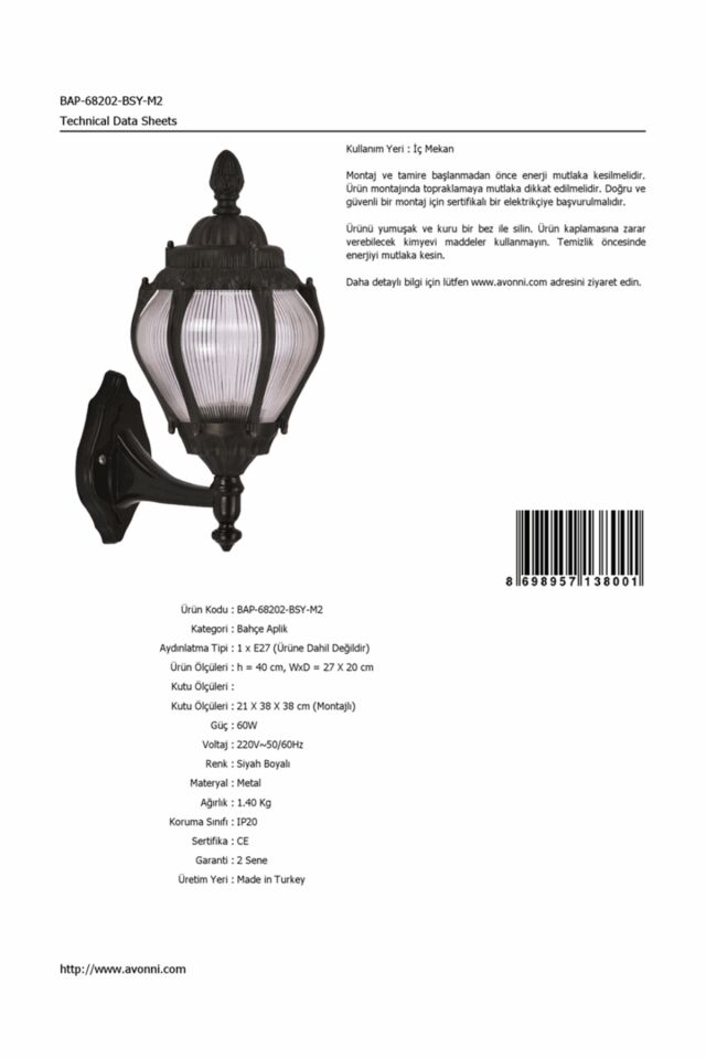 Bahçe Aplik E27 12W 27x20cm ABS Siyah Dorbien-BAP-68202-BSY-M2