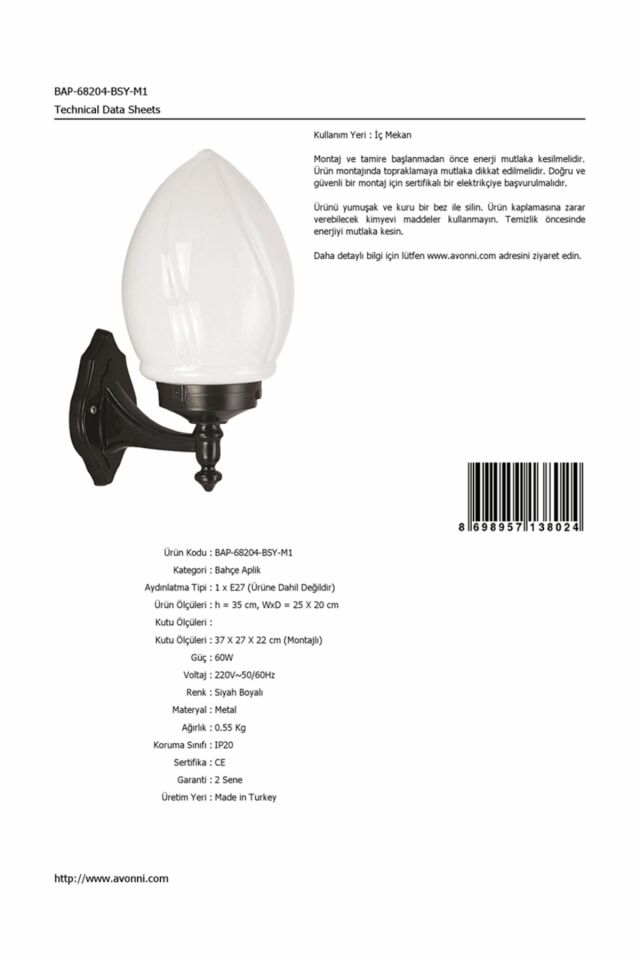 Bahçe Aplik E27 12W 25x20cm ABS Siyah Dorbien-BAP-68204-BSY-M1