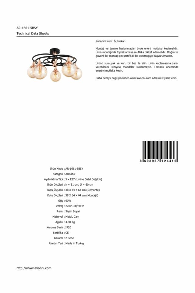 Kayık Modern Avize E27 60W 60cm Metal Siyah Avonni-AR-1661-5BSY