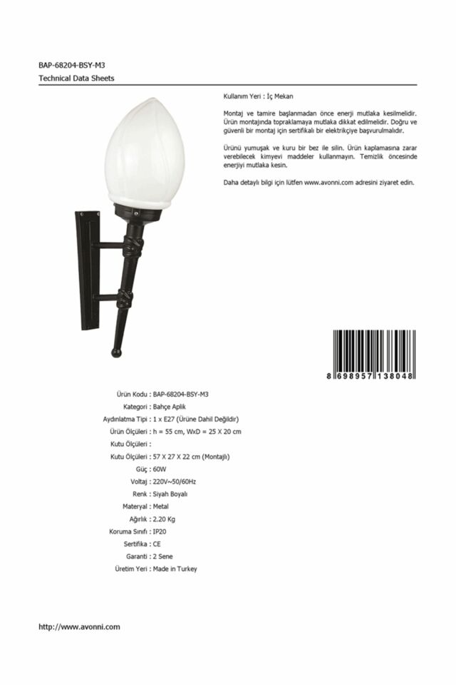 Bahçe Aplik E27 12W 25x20cm ABS Siyah Dorbien-BAP-68204-BSY-M3