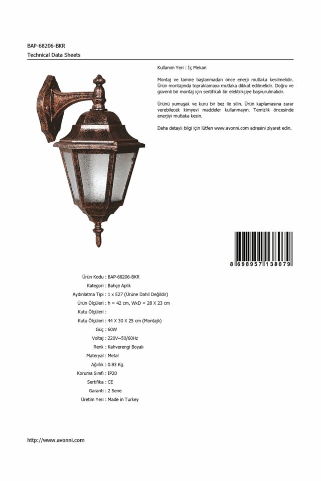 Bahçe Aplik E27 12W 28x23cm ABS Kahverengi Dorbien-BAP-68206-BKR