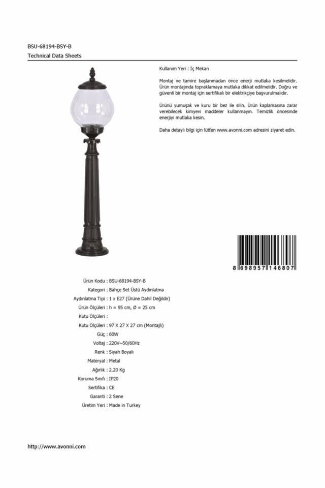 Bahçe Set Üstü Aydınlatma E27 12W 25cm ABS Siyah Dorbien-BSU-68194-BSY-B