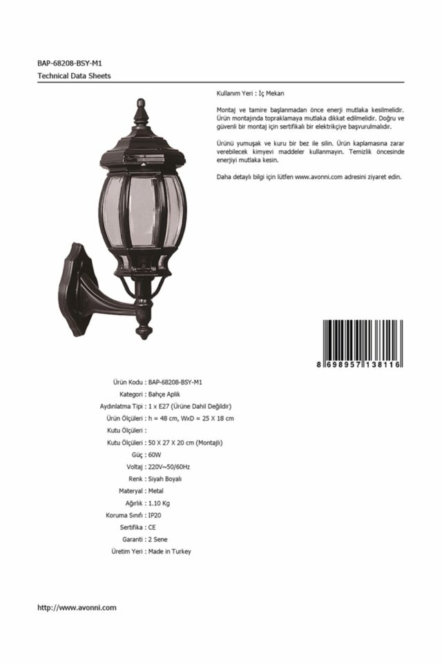 Bahçe Aplik E27 12W 25x18cm Alüminyum Siyah Dorbien-BAP-68208-BSY-M1