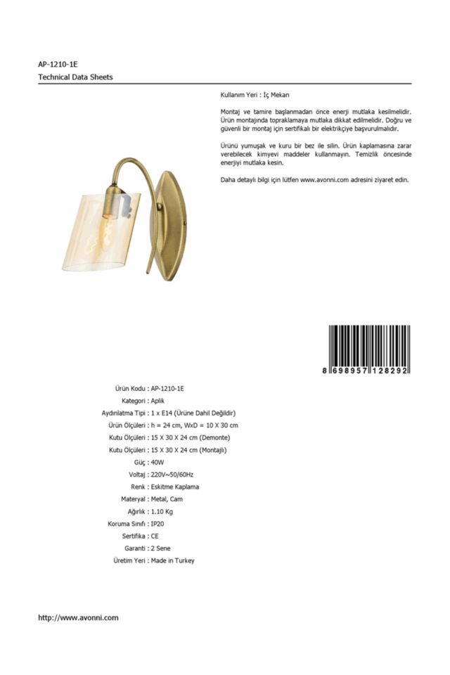 Sima Aplik E14 6W 10x30cm Metal Eskitme Avonni-AP-1210-1E