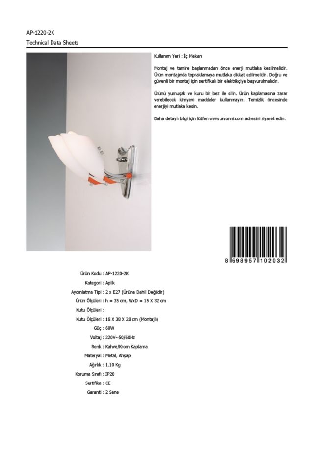 Sima Aplik E27 24W 15x32cm Metal Kahverengi/Krom Avonni-AP-1220-2K