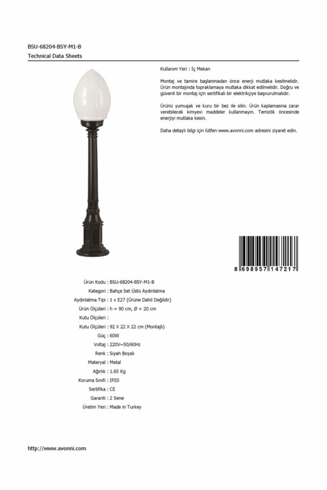 Bahçe Set Üstü Aydınlatma E27 12W 20cm ABS Siyah Dorbien-BSU-68204-BSY-M1-B