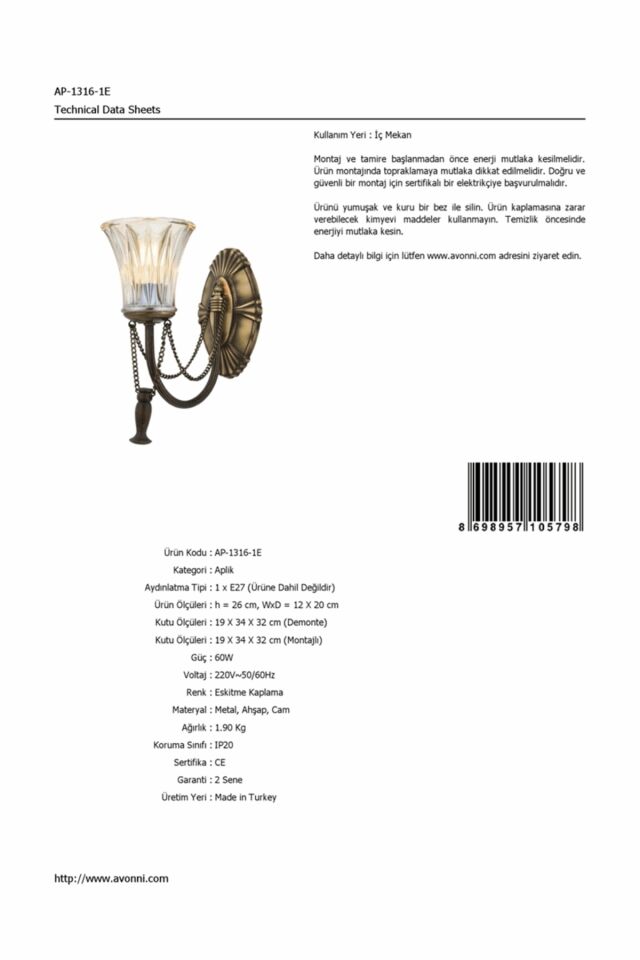 Derya Aplik E27 12W 12x20cm Metal Eskitme Avonni-AP-1316-1E
