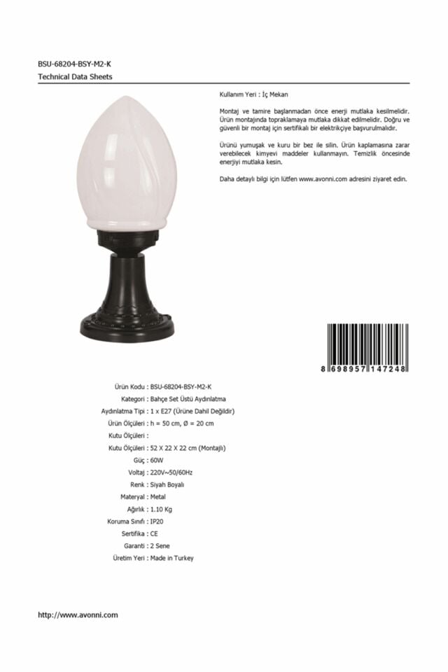 Bahçe Set Üstü Aydınlatma E27 12W 20cm ABS Siyah Dorbien-BSU-68204-BSY-M2-K