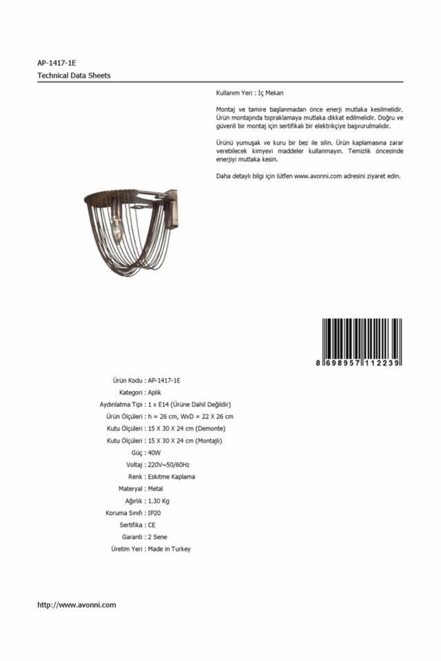 Fiona Aplik E14 6W 22x26cm Metal Eskitme Avonni-AP-1417-1E