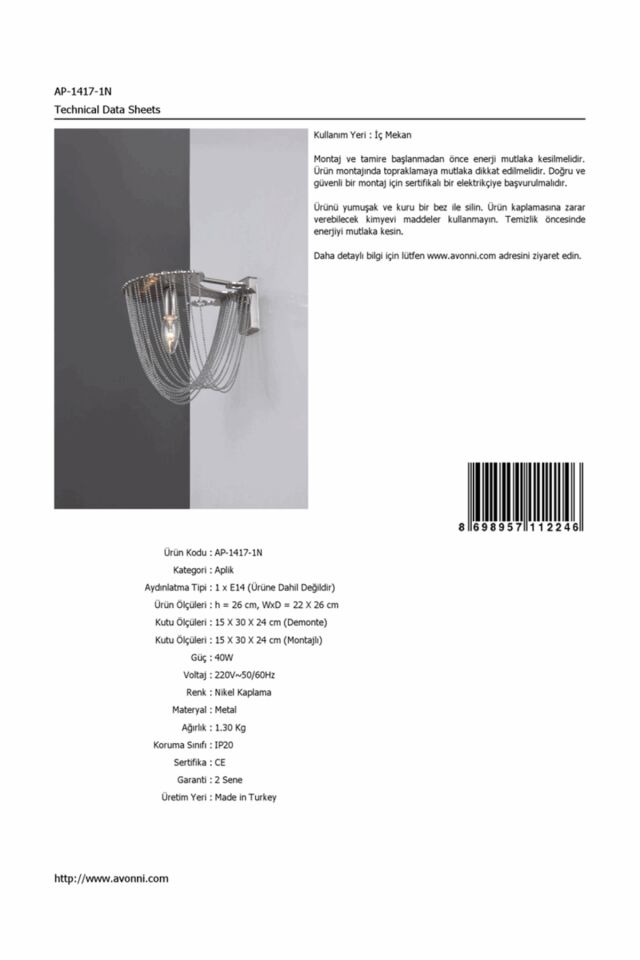 Fiona Aplik E14 6W 22x26cm Metal Nikel Avonni-AP-1417-1N
