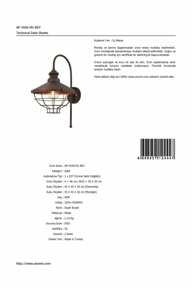 Akasya Aplik E27 12W 30x35cm Metal Siyah Avonni-AP-4106-M1-BSY