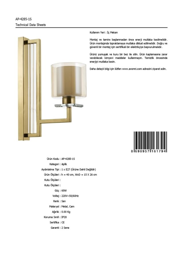 Beach Aplik E27 12W 15x26cm Metal Sarı Avonni-AP-4285-1S