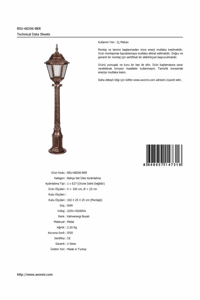Bahçe Set Üstü Aydınlatma E27 12W 23cm ABS Kahverengi Dorbien-BSU-68206-BKR