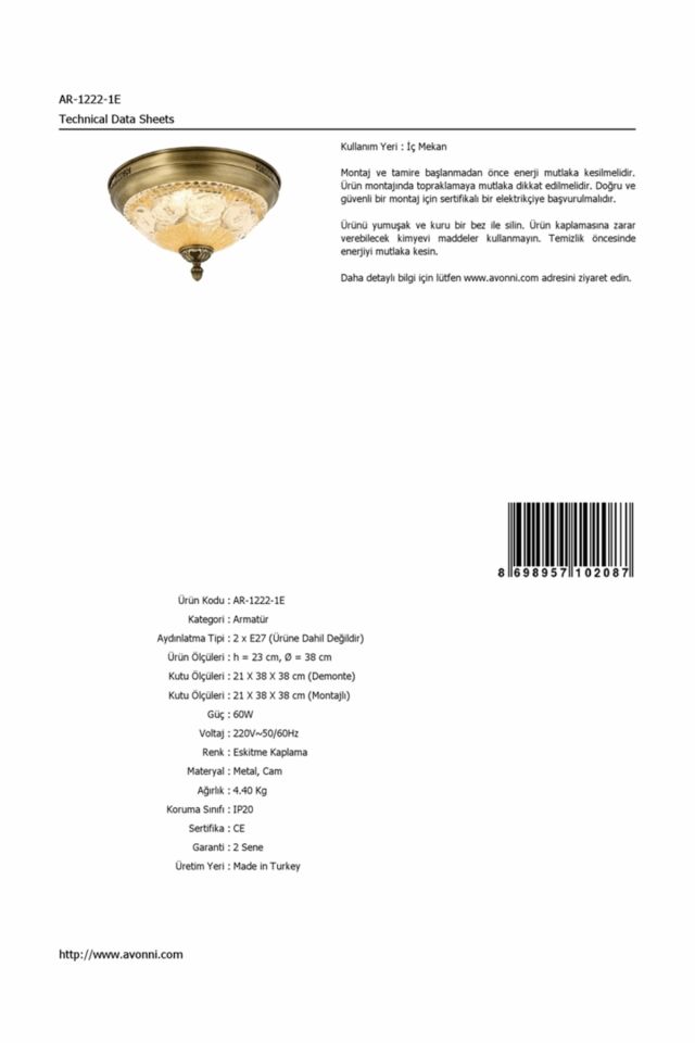 Rüya Modern Avize E27 24W 38cm Metal Eskitme Avonni-AR-1222-1E