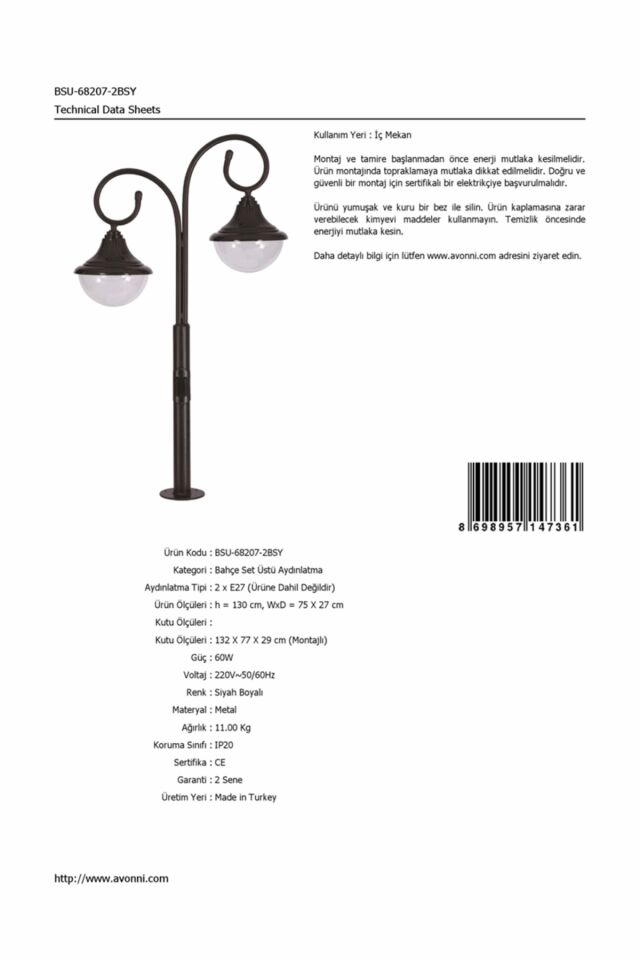 Bahçe Set Üstü Aydınlatma E27 24W 75x27cm Çelik Boru Siyah Dorbien-BSU-68207-2BSY