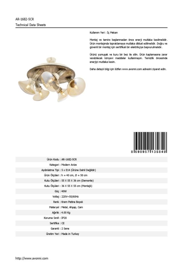 Mushroom Modern Avize E14 30W 50cm Metal Krem Patina Avonni-AR-1682-5CR